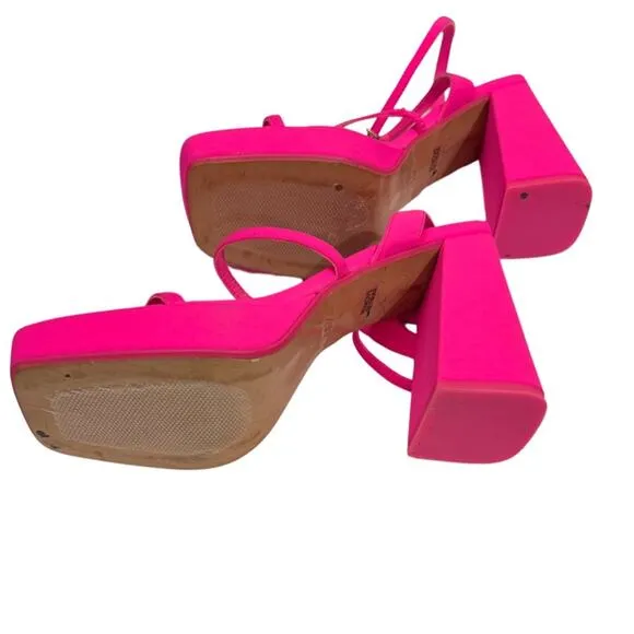 ZARA Hot Neon Pink Block Heeled Strappy Platform Sandals