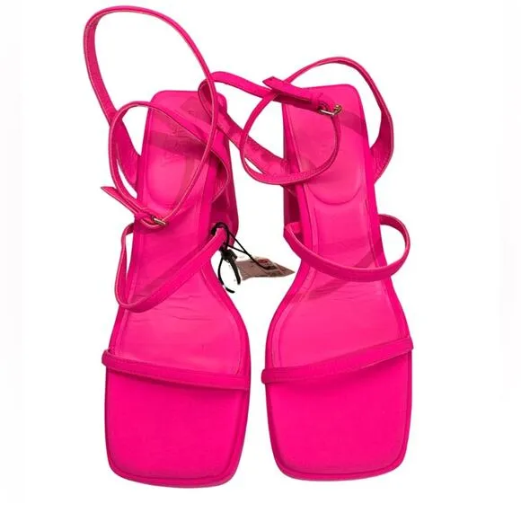 ZARA Hot Neon Pink Block Heeled Strappy Platform Sandals