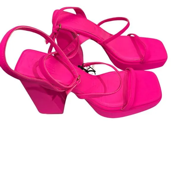 ZARA Hot Neon Pink Block Heeled Strappy Platform Sandals