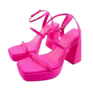 ZARA Hot Neon Pink Block Heeled Strappy Platform Sandals