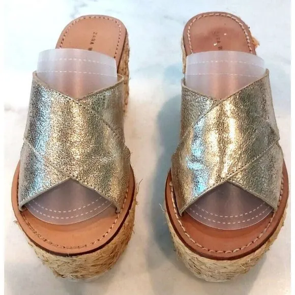 ZARA Jute Esprilladrez Wedge Sandals WITH CROSSOVER STRAPS  GOLD SZ US 7 / UE 38