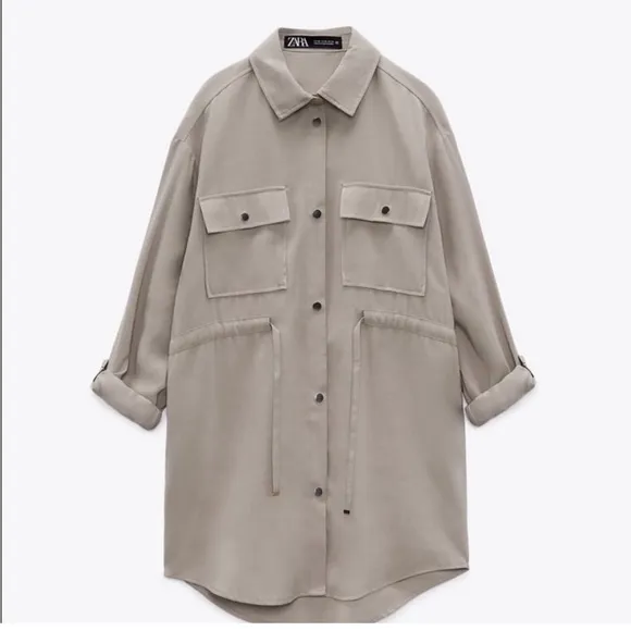 Zara NWT lapel collar overshirt button mini dress adjustable drawstring waist
