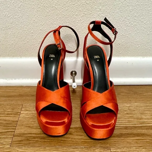 ZARA round toe Block Heels Platform orange Sandals