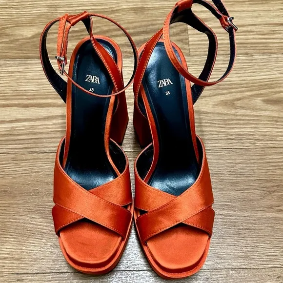 ZARA round toe Block Heels Platform orange Sandals