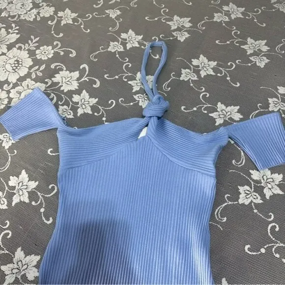 Zara Sky Blue Ribbed Mini Dress with Knot Detail Sz Large