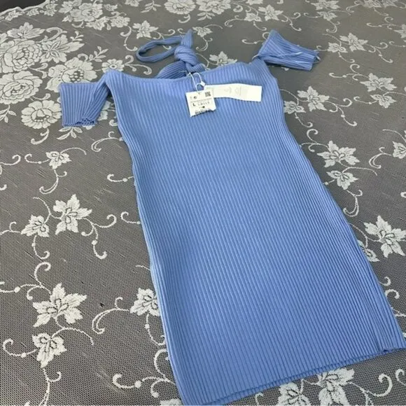 Zara Sky Blue Ribbed Mini Dress with Knot Detail Sz Large