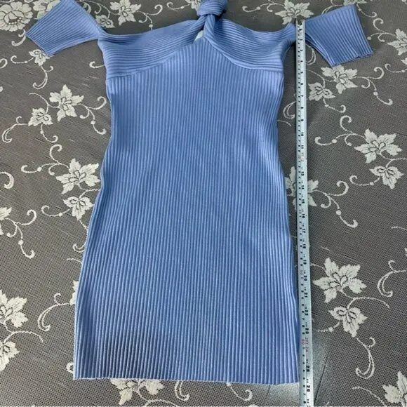 Zara Sky Blue Ribbed Mini Dress with Knot Detail Sz Large