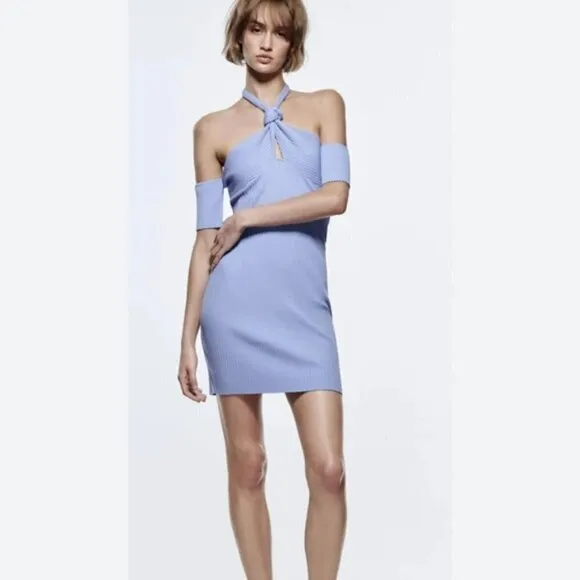 Zara Sky Blue Ribbed Mini Dress with Knot Detail Sz Large