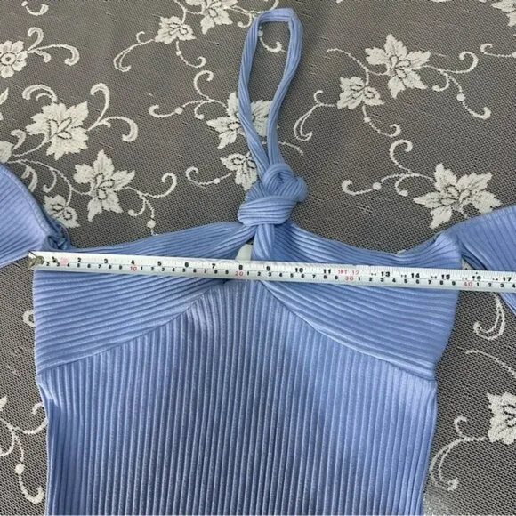 Zara Sky Blue Ribbed Mini Dress with Knot Detail Sz Large