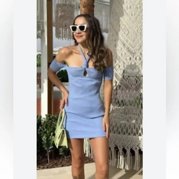 Zara Sky Blue Ribbed Mini Dress with Knot Detail Sz Large