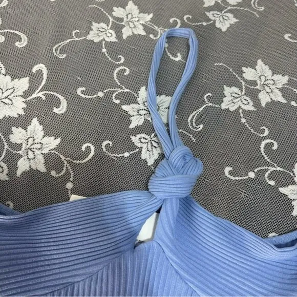 Zara Sky Blue Ribbed Mini Dress with Knot Detail Sz Large