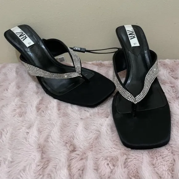 ZARA Sparkly Rhinestone Heeled Square Toe Sandals