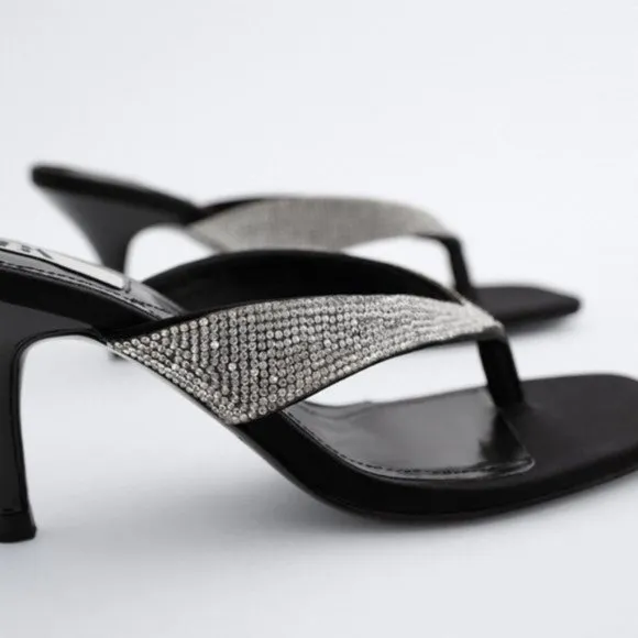 ZARA Sparkly Rhinestone Heeled Square Toe Sandals