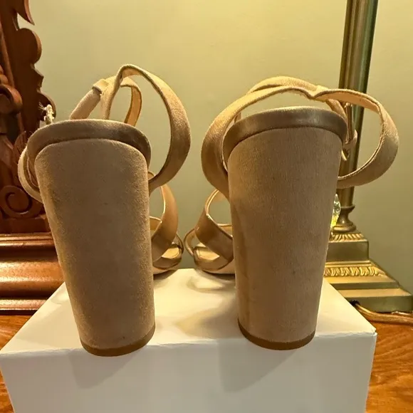 Zara Tan Satin/Suede Gold Orchid Sandals w/ 4” Block Heel Size 38/8 MSRP $198