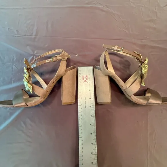 Zara Tan Satin/Suede Gold Orchid Sandals w/ 4” Block Heel Size 38/8 MSRP $198