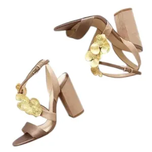 Zara Tan Satin/Suede Gold Orchid Sandals w/ 4” Block Heel Size 38/8 MSRP $198