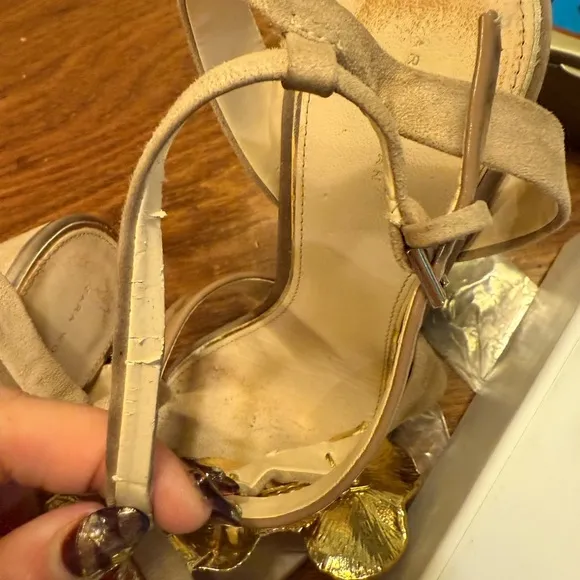 Zara Tan Satin/Suede Gold Orchid Sandals w/ 4” Block Heel Size 38/8 MSRP $198