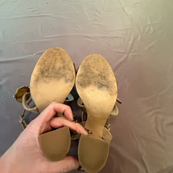 Zara Tan Satin/Suede Gold Orchid Sandals w/ 4” Block Heel Size 38/8 MSRP $198