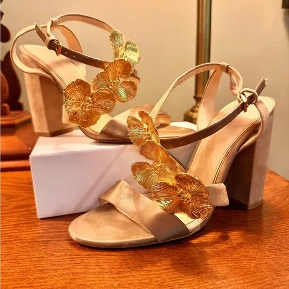 Zara Tan Satin/Suede Gold Orchid Sandals w/ 4” Block Heel Size 38/8 MSRP $198