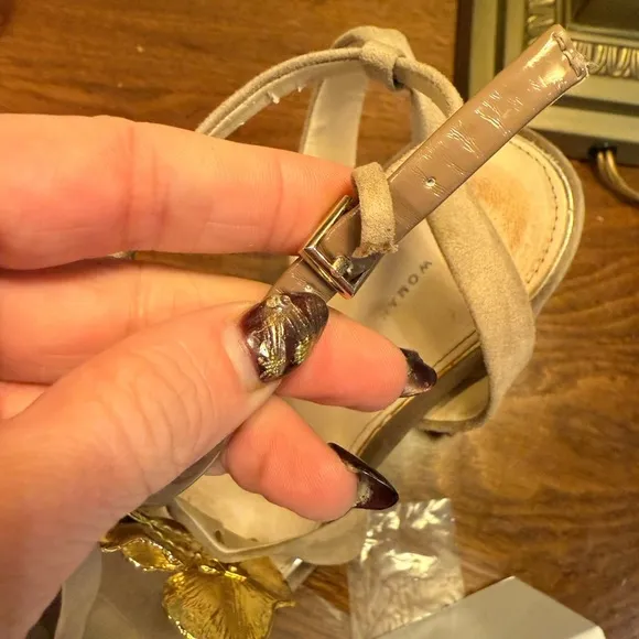 Zara Tan Satin/Suede Gold Orchid Sandals w/ 4” Block Heel Size 38/8 MSRP $198
