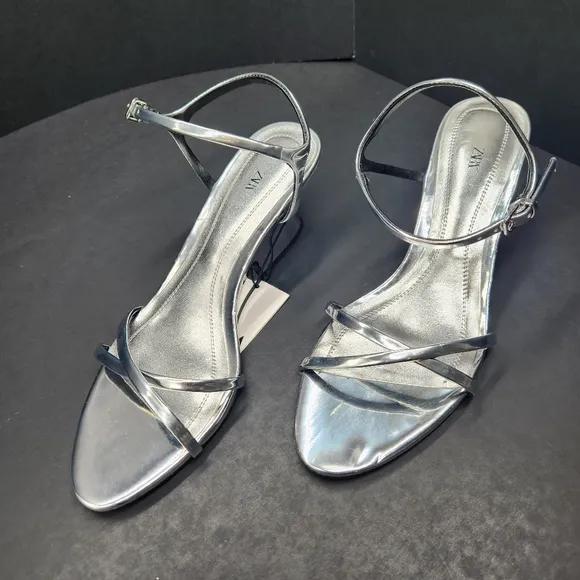 Zara wedge sandals women's 7.5 silver mirror vegan leather heels strappy new $79