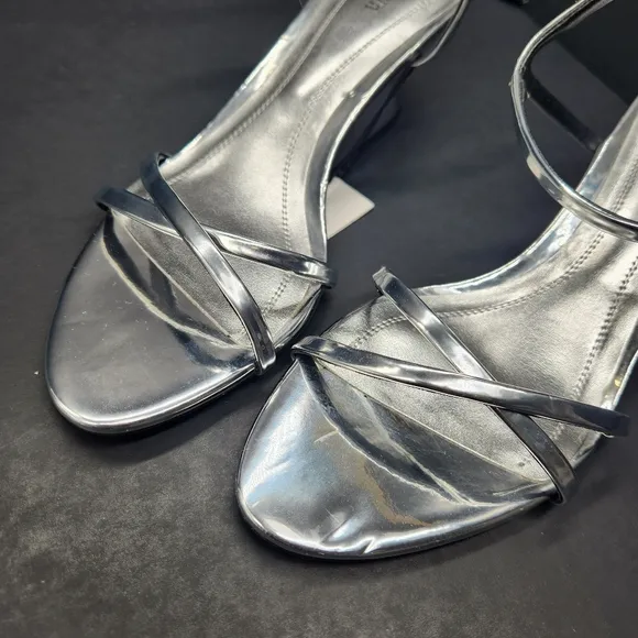 Zara wedge sandals women's 7.5 silver mirror vegan leather heels strappy new $79