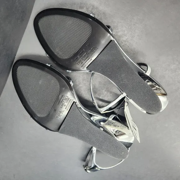 Zara wedge sandals women's 7.5 silver mirror vegan leather heels strappy new $79