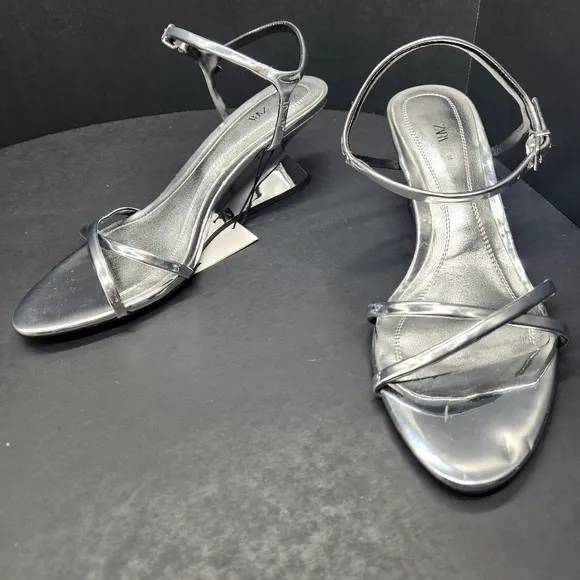 Zara wedge sandals women's 7.5 silver mirror vegan leather heels strappy new $79