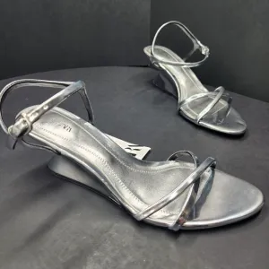 Zara wedge sandals women's 7.5 silver mirror vegan leather heels strappy new $79