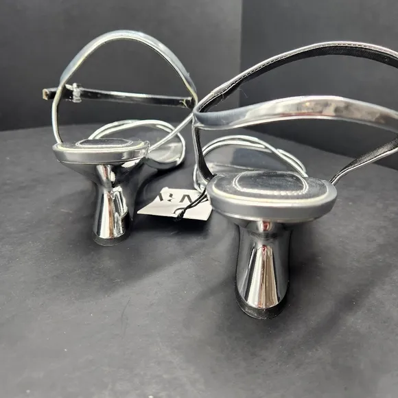Zara wedge sandals women's 7.5 silver mirror vegan leather heels strappy new $79