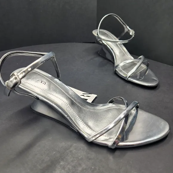 Zara wedge sandals women's 7.5 silver mirror vegan leather heels strappy new $79