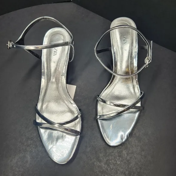 Zara wedge sandals women's 7.5 silver mirror vegan leather heels strappy new $79