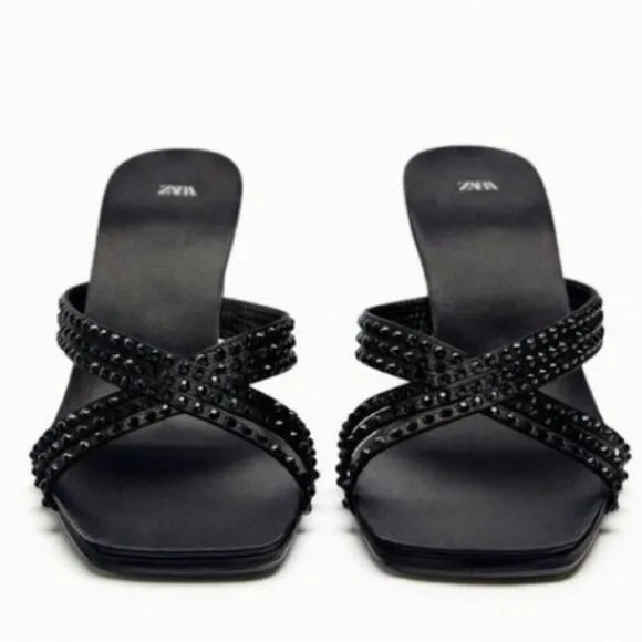 Zara Black Satin Effect Rhinestones Heeled Sandals Shoes