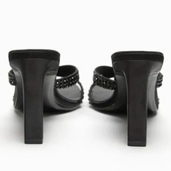 Zara Black Satin Effect Rhinestones Heeled Sandals Shoes