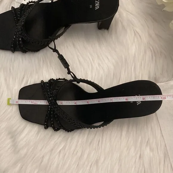 Zara Black Satin Effect Rhinestones Heeled Sandals Shoes