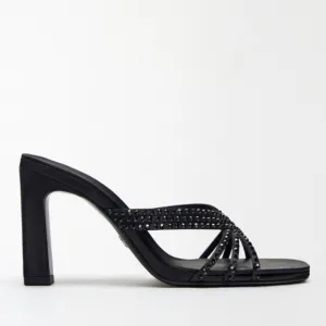 Zara Black Satin Effect Rhinestones Heeled Sandals Shoes