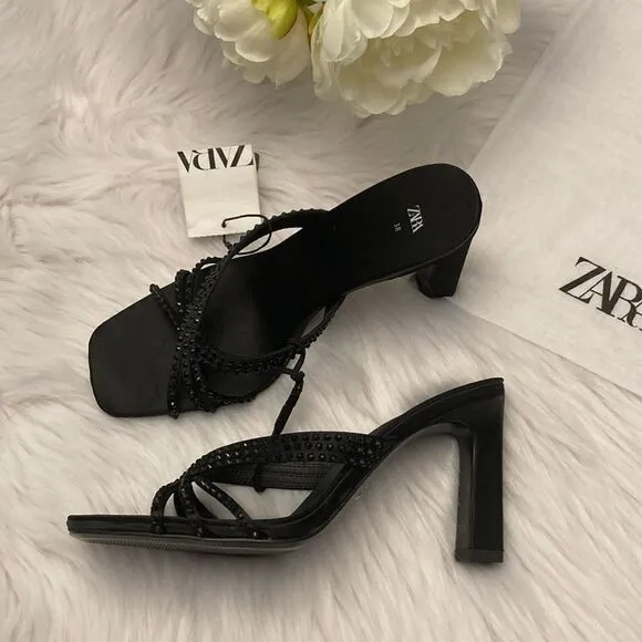 Zara Black Satin Effect Rhinestones Heeled Sandals Shoes
