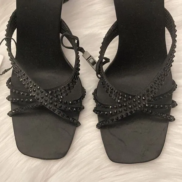 Zara Black Satin Effect Rhinestones Heeled Sandals Shoes