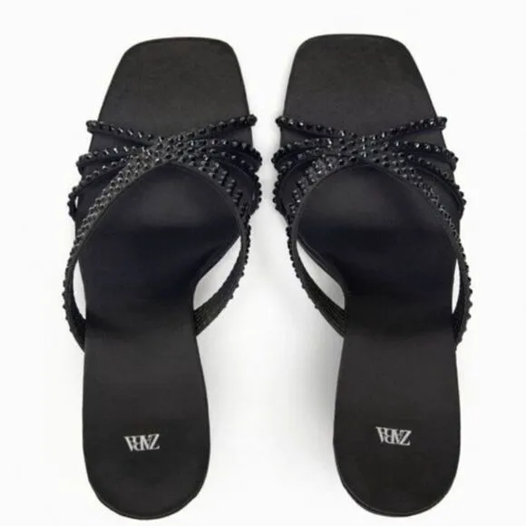Zara Black Satin Effect Rhinestones Heeled Sandals Shoes