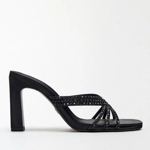 Zara Black Satin Effect Rhinestones Heeled Sandals Shoes