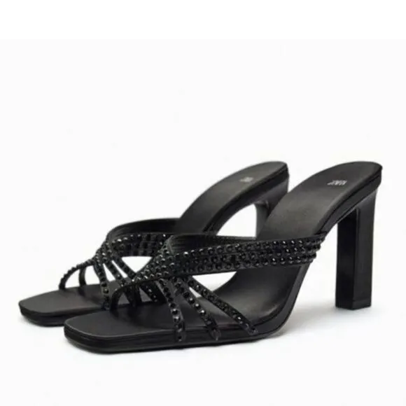 Zara Black Satin Effect Rhinestones Heeled Sandals Shoes