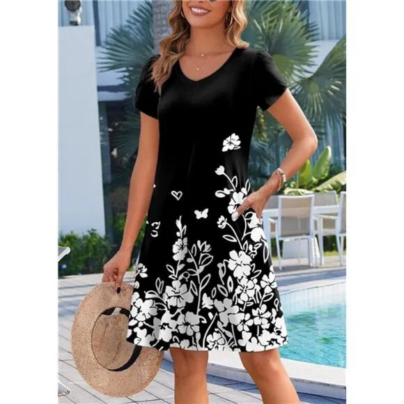 Zeagoo Womens Summer A-Line Dress with Pockets Mini Short Sleeve Dresses Flowy