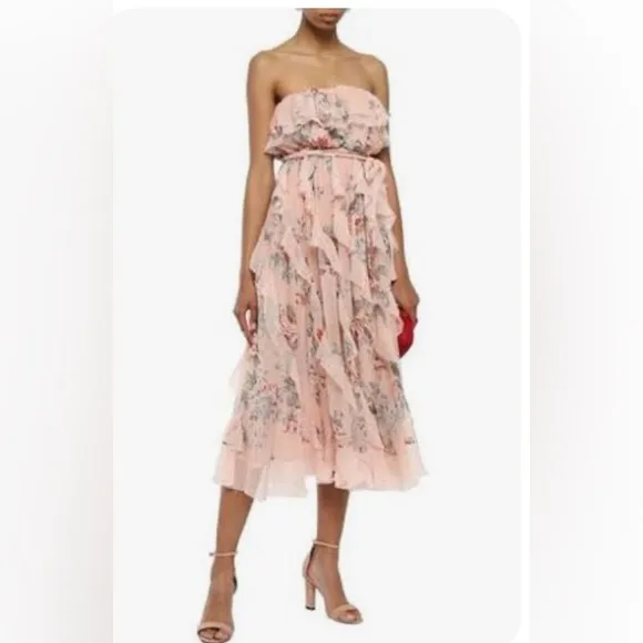 Zimmermann Bowie Waterfall Dress Peach Floral Strapless Size 1/ S NWOT