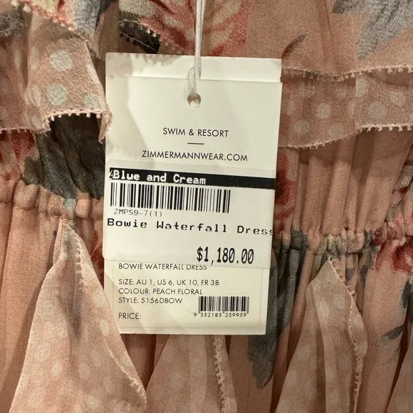 Zimmermann Bowie Waterfall Dress Peach Floral Strapless Size 1/ S NWOT